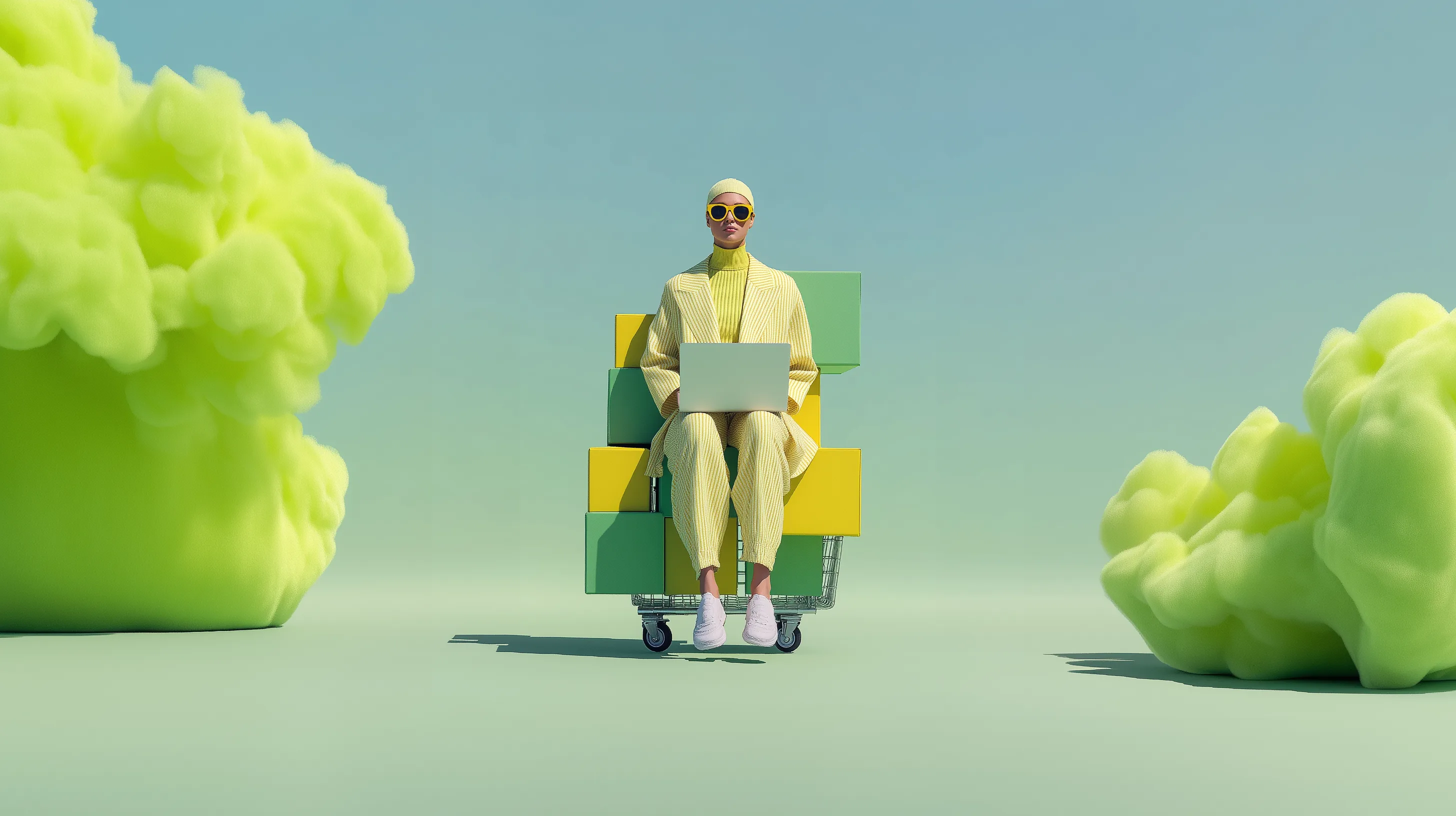 Online shopper with laptop in a shopping cart